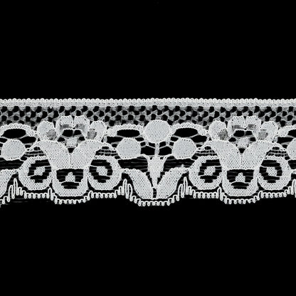 White Abstracted Flowers Lace Trim with Single Scalloped Edge - 1.25" Detail
