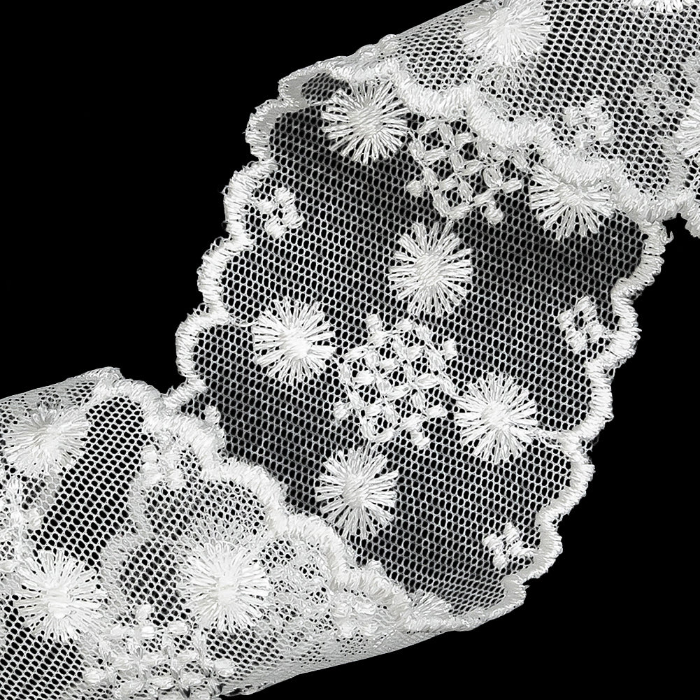 White Floral and Geometric Embroidered Lace Trim with Scalloped Edges - 2.125" Detail