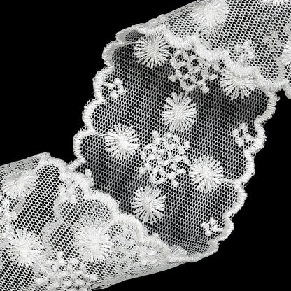 White Floral and Geometric Embroidered Lace Trim with Scalloped Edges - 2.125" Detail