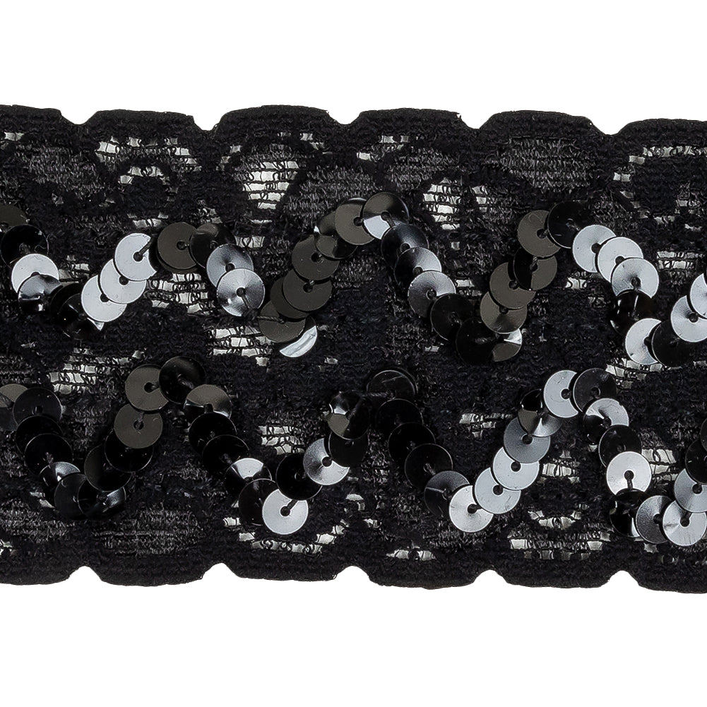 Black Sequined Zig Zags on Classical Lace Trim - 2.375" Detail