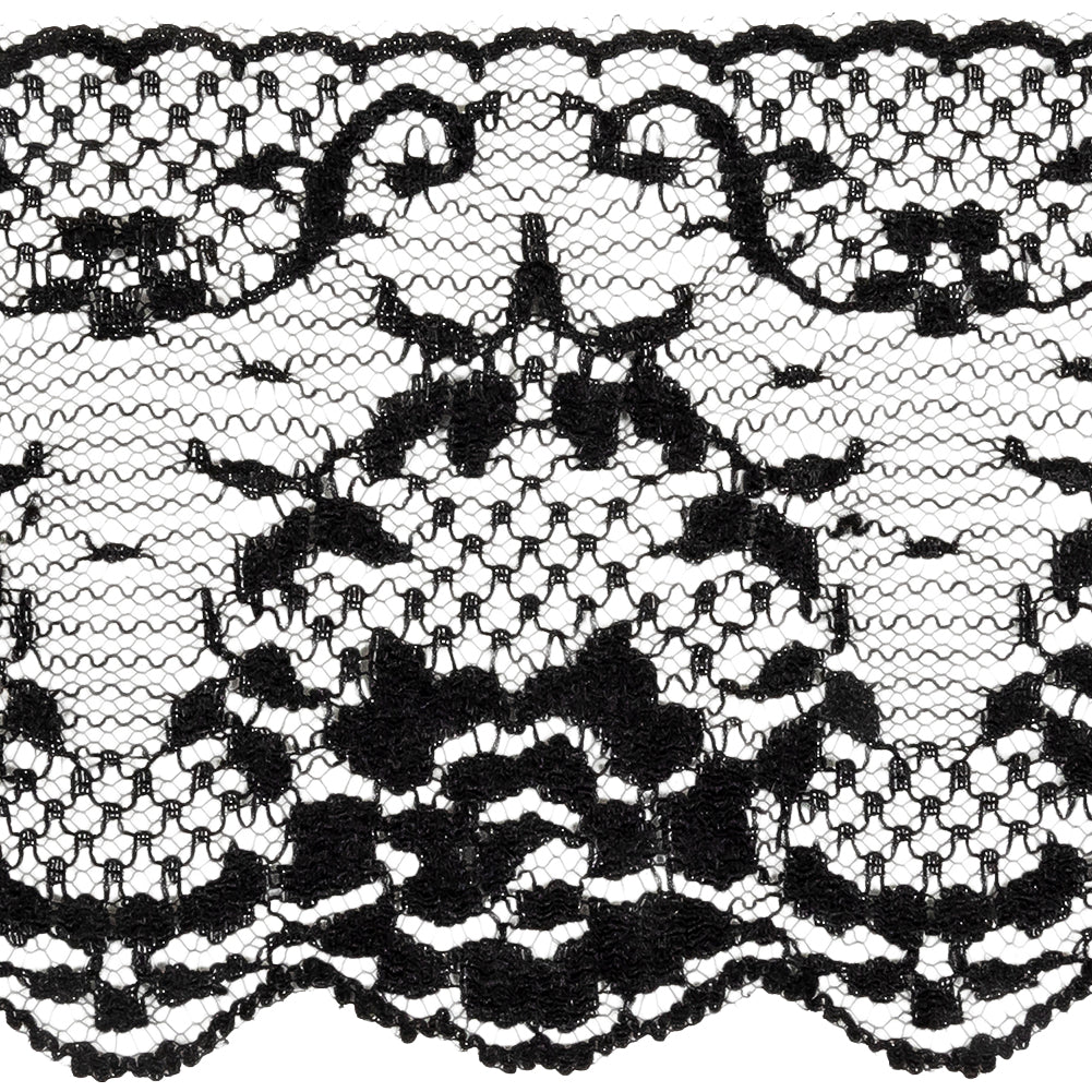 Black Floral Lace Trim with Scalloped Edges - 3.25" Detail