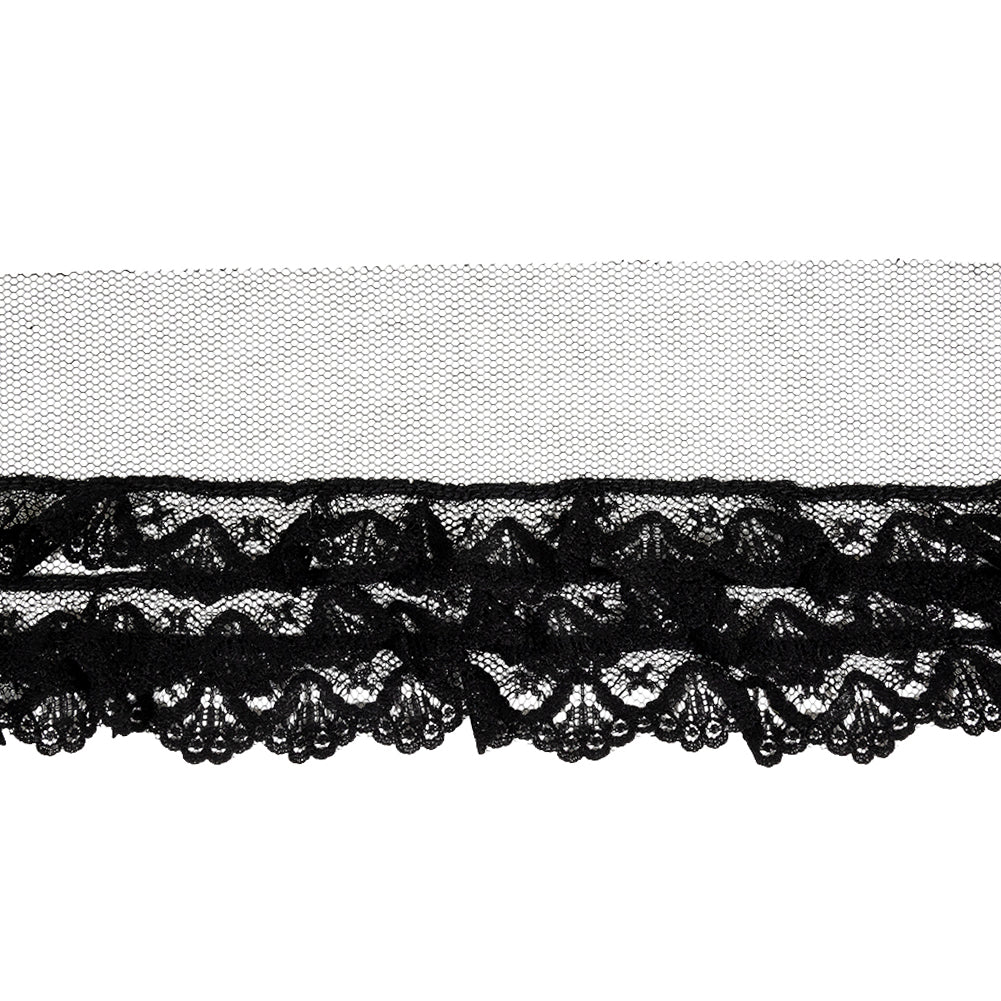 Black Shell Scalloped Three-Tier Ruffled Lace Trim - 4"