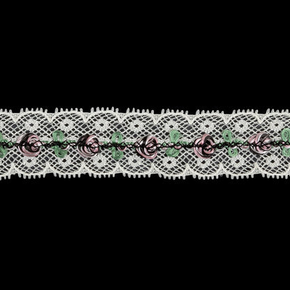 Festival Bloom, Spring Bouquet and Black Embroidered Roses on Whisper White Lace Trim - 0.875" Detail