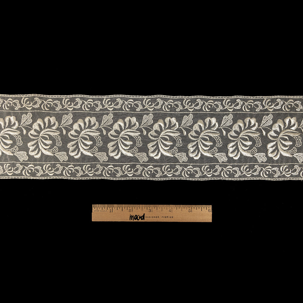 White Floral Embroidered Organza Lace Trim - 4.25" Full