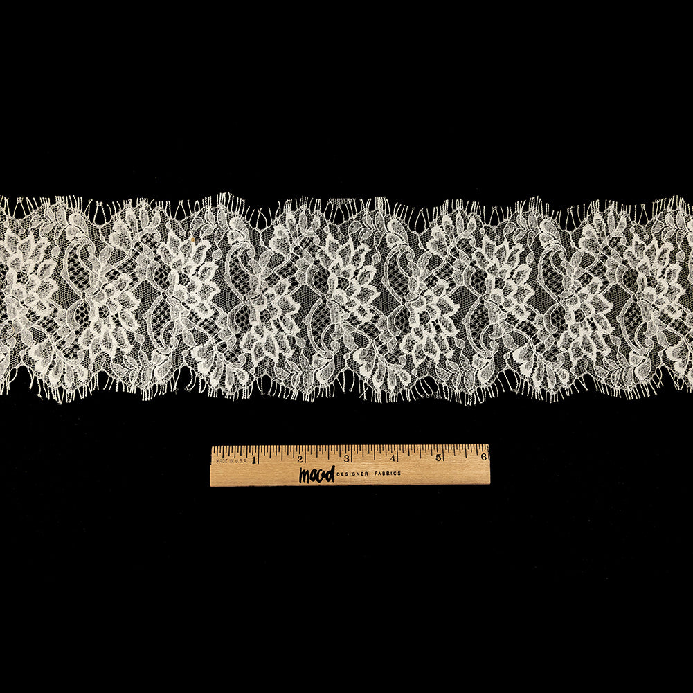 White Water Lilies Re-Embroidered Lace Trim with Eyelash Fringe - 4.75" Full