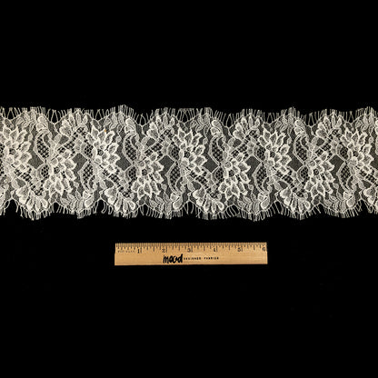 White Water Lilies Re-Embroidered Lace Trim with Eyelash Fringe - 4.75" Full