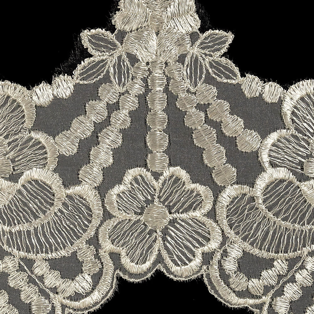 White Floral Scalloped Embroidered Organza Lace Trim - 5" Detail