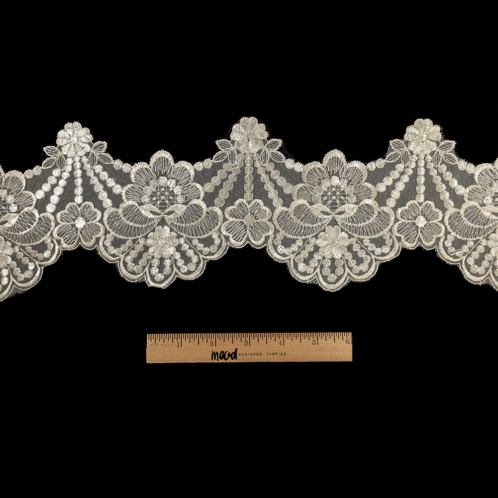 White Floral Scalloped Embroidered Organza Lace Trim - 5" Full