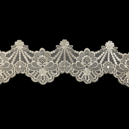White Floral Scalloped Embroidered Organza Lace Trim - 5"