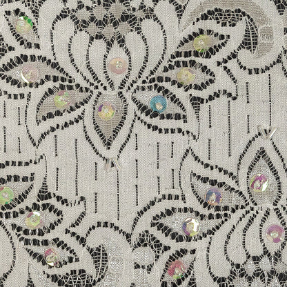 White and Iridescent Beaded and Sequined Floral Stretch Lace Trim - 6" Detail