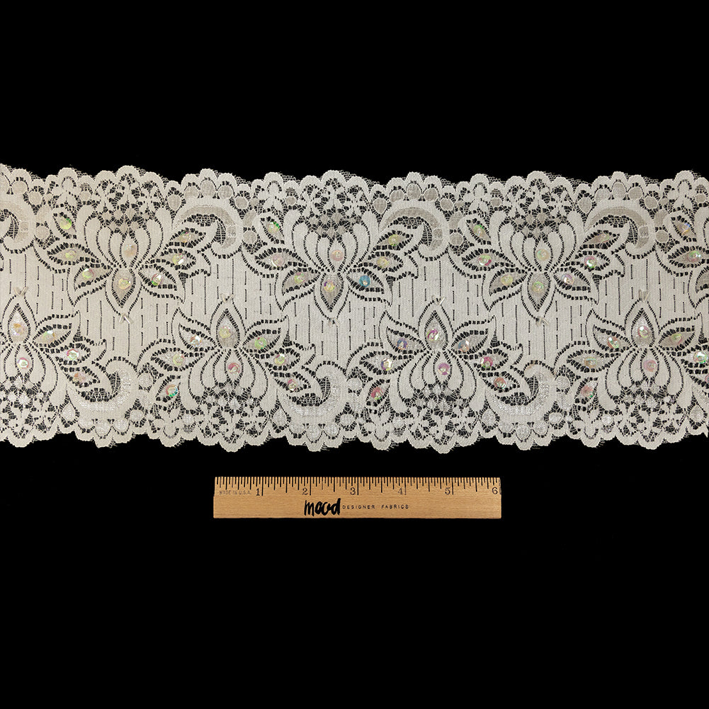 White and Iridescent Beaded and Sequined Floral Stretch Lace Trim - 6" Full