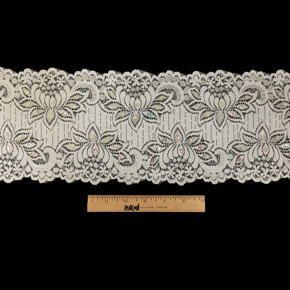 White and Iridescent Beaded and Sequined Floral Stretch Lace Trim - 6" Full