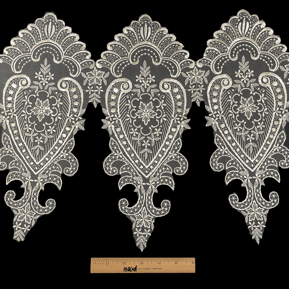 White Paisley and Floral Oversized Embroidered Organza Lace Trim - 14" Full