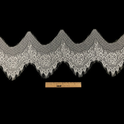 White Alyssum Floral Zig Zag Chantilly Lace Trim with Eyelash Fringe - 8.5" x 3yd Full
