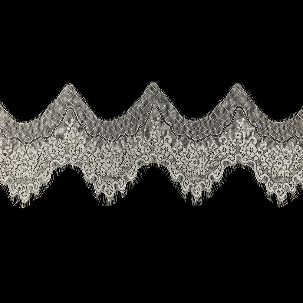 White Alyssum Floral Zig Zag Chantilly Lace Trim with Eyelash Fringe - 8.5" x 3yd