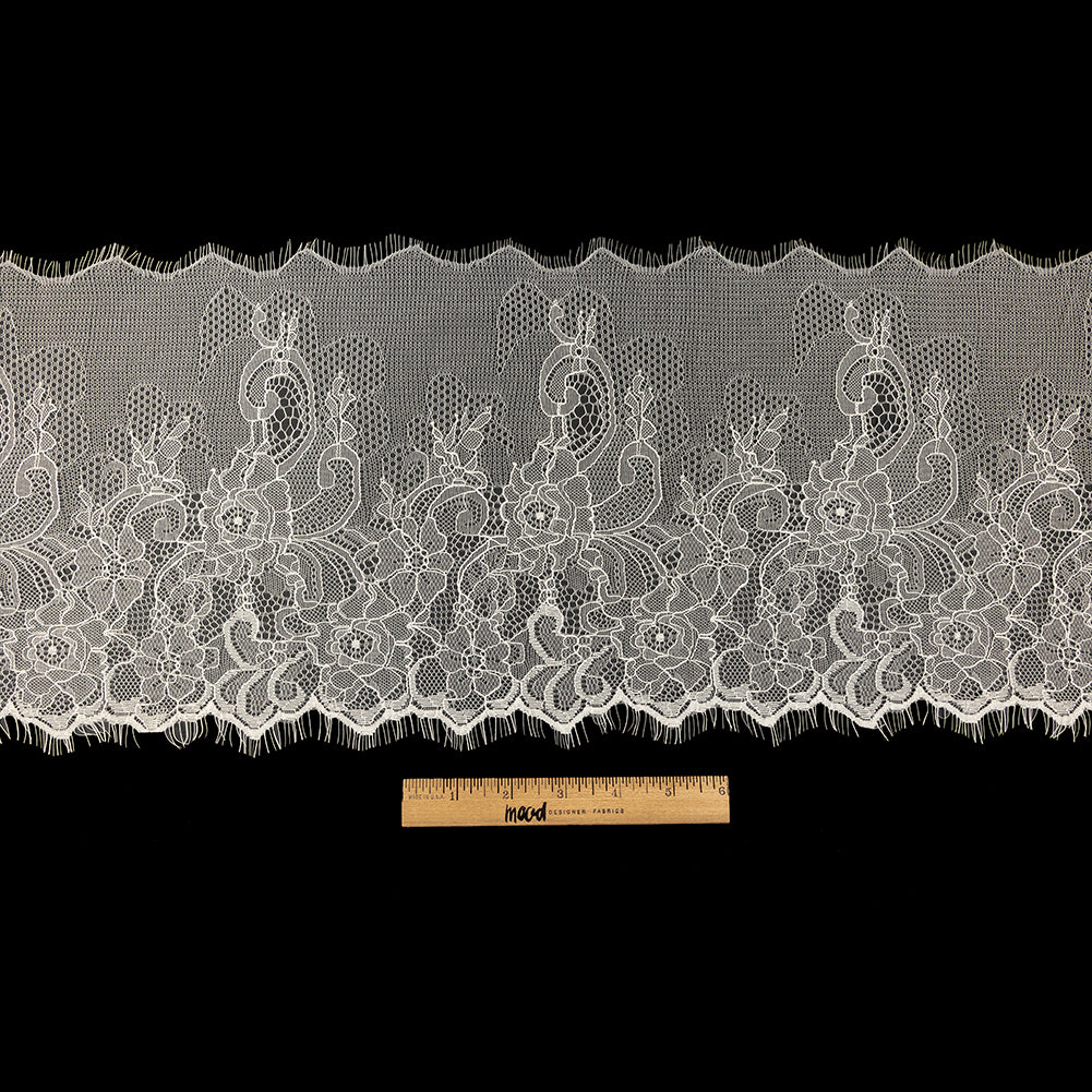 Blanc de Blanc Floral Chantilly Lace Trim with Eyelash Fringe - 10" x 3yd Full