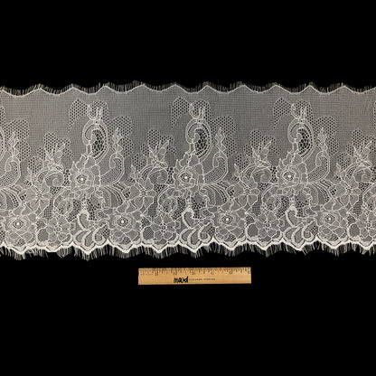 Blanc de Blanc Floral Chantilly Lace Trim with Eyelash Fringe - 10" x 3yd Full