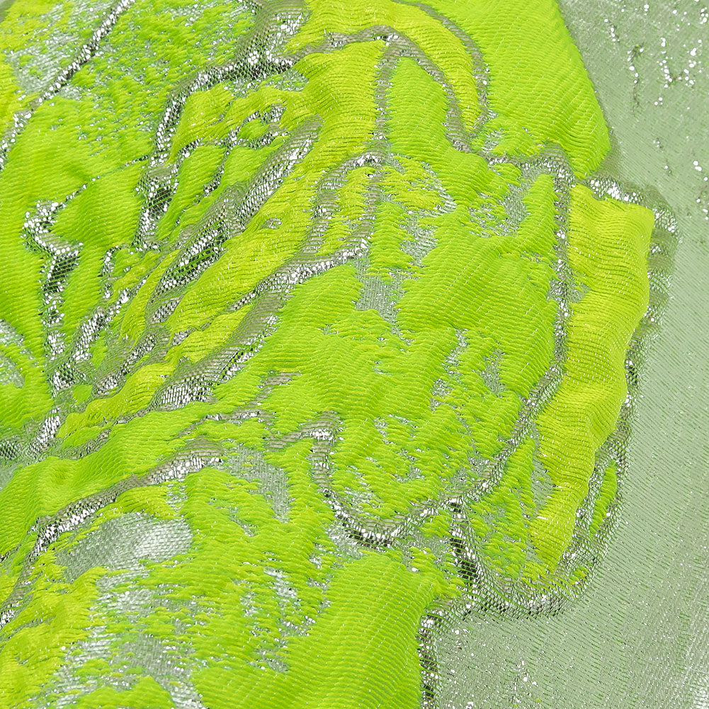 Neon Green, Neon Yellow and Metallic Silver Roses Luxury Brocade Detail