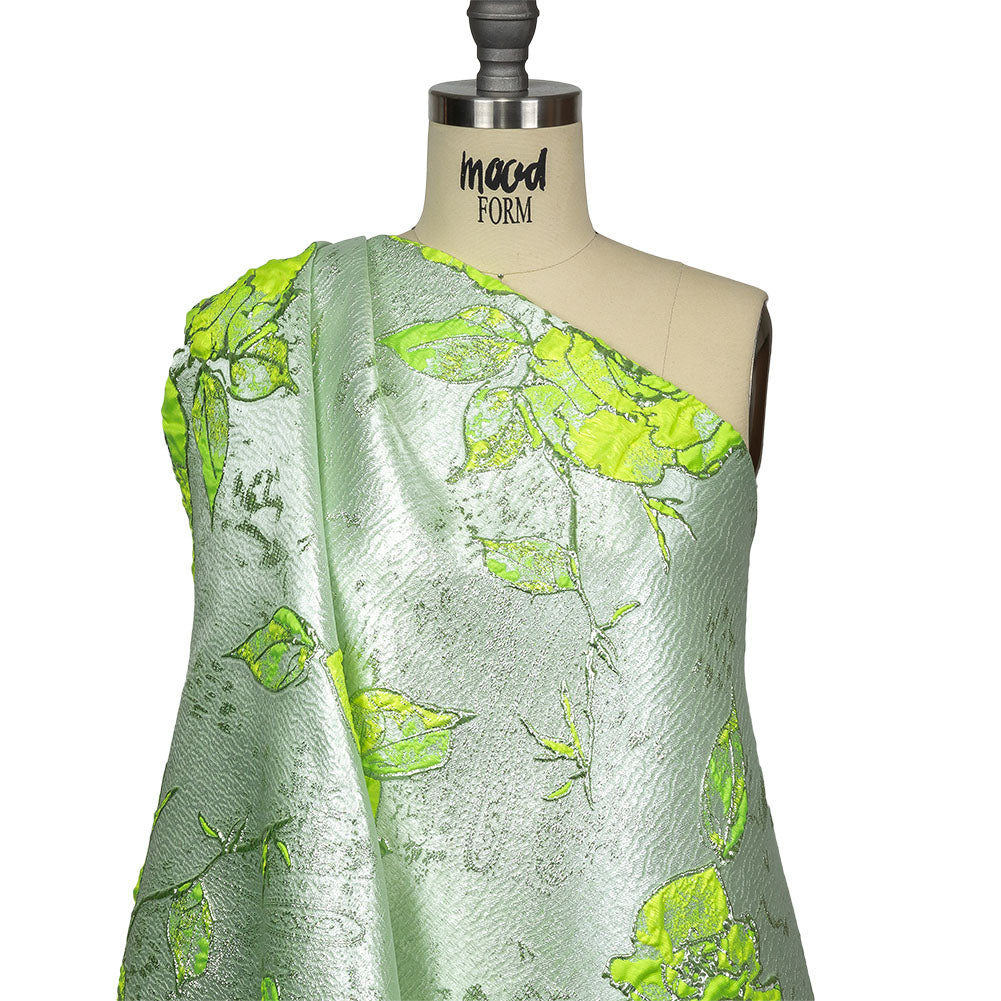 Neon Green, Neon Yellow and Metallic Silver Roses Luxury Brocade Drape