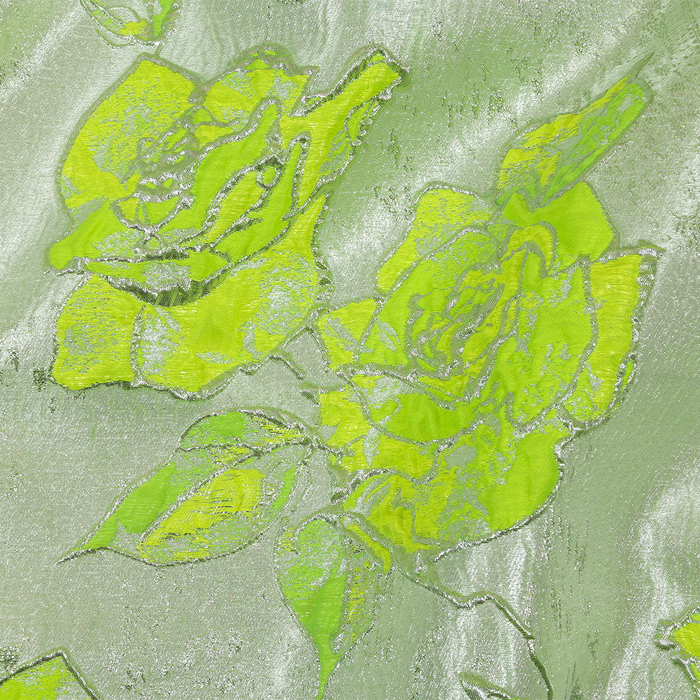 Neon Green, Neon Yellow and Metallic Silver Roses Luxury Brocade