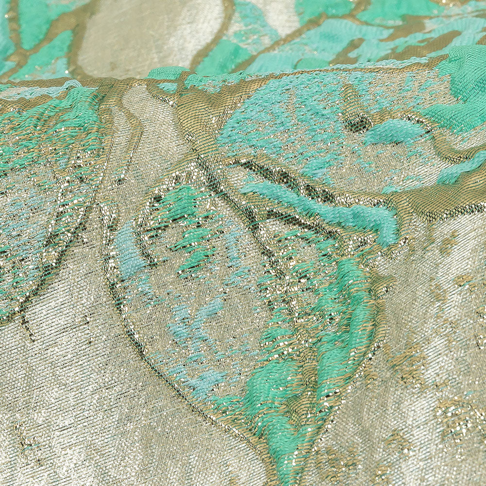 Bright Antigua Sand, Mint and Metallic Silver Roses Luxury Brocade Detail