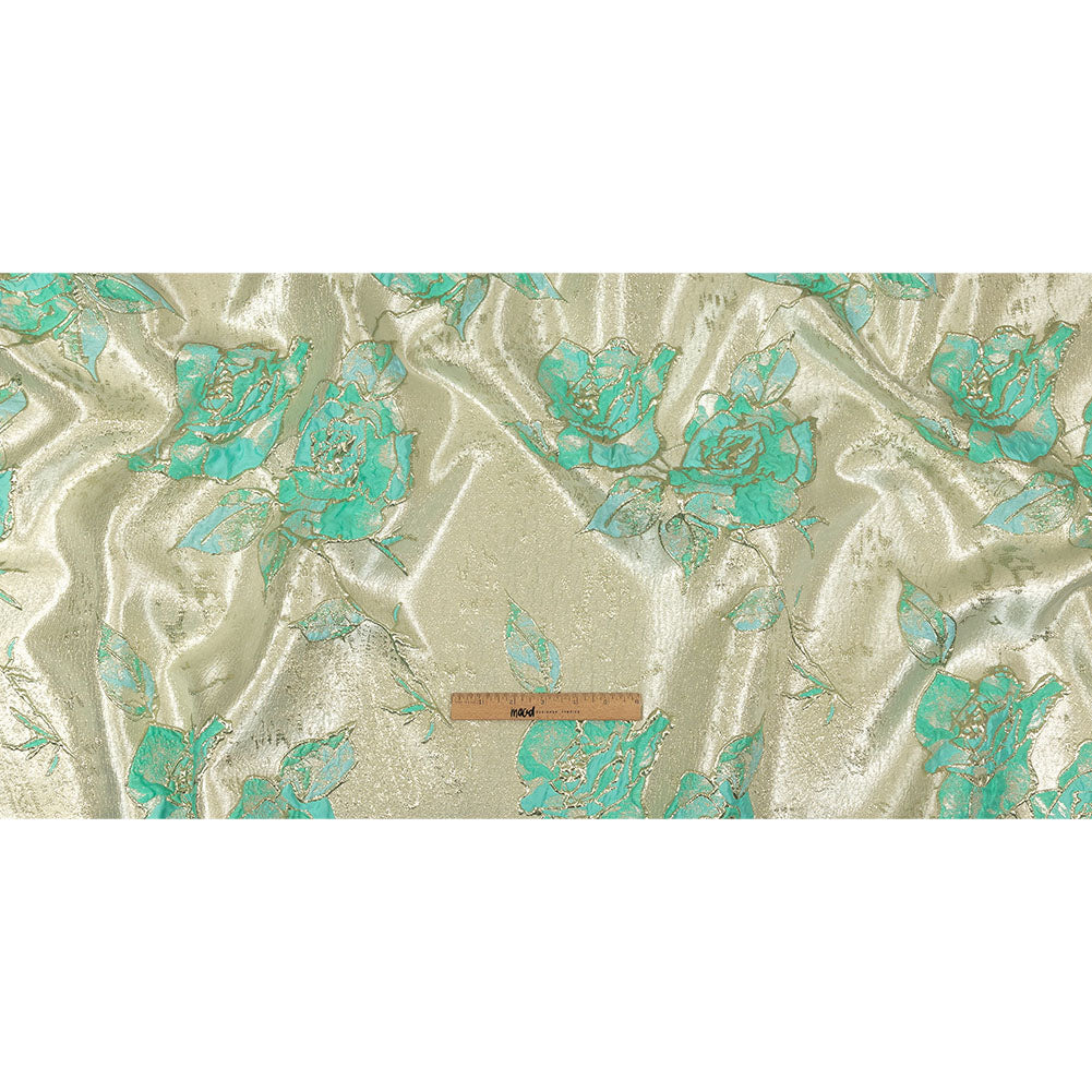 Bright Antigua Sand, Mint and Metallic Silver Roses Luxury Brocade Full