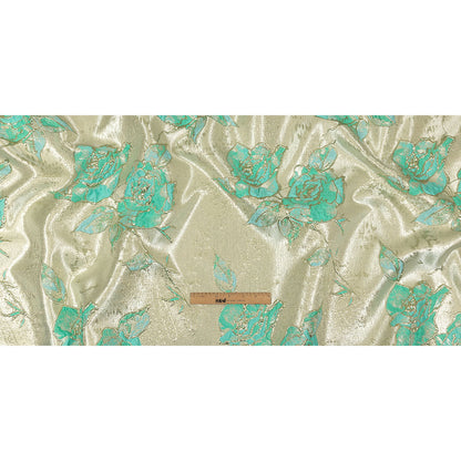 Bright Antigua Sand, Mint and Metallic Silver Roses Luxury Brocade Full