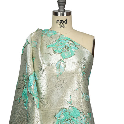 Bright Antigua Sand, Mint and Metallic Silver Roses Luxury Brocade Drape