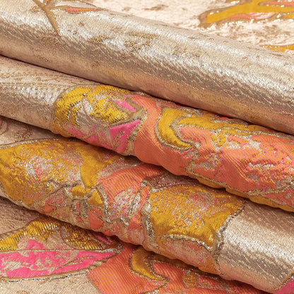 Spicy Mustard, Hot Pink and Metallic Silver Roses Luxury Brocade Folded