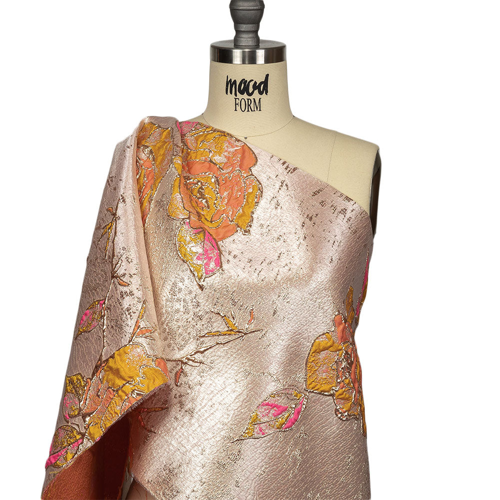 Spicy Mustard, Hot Pink and Metallic Silver Roses Luxury Brocade Drape