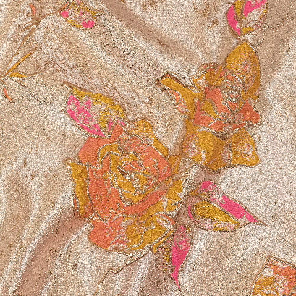 Spicy Mustard, Hot Pink and Metallic Silver Roses Luxury Brocade