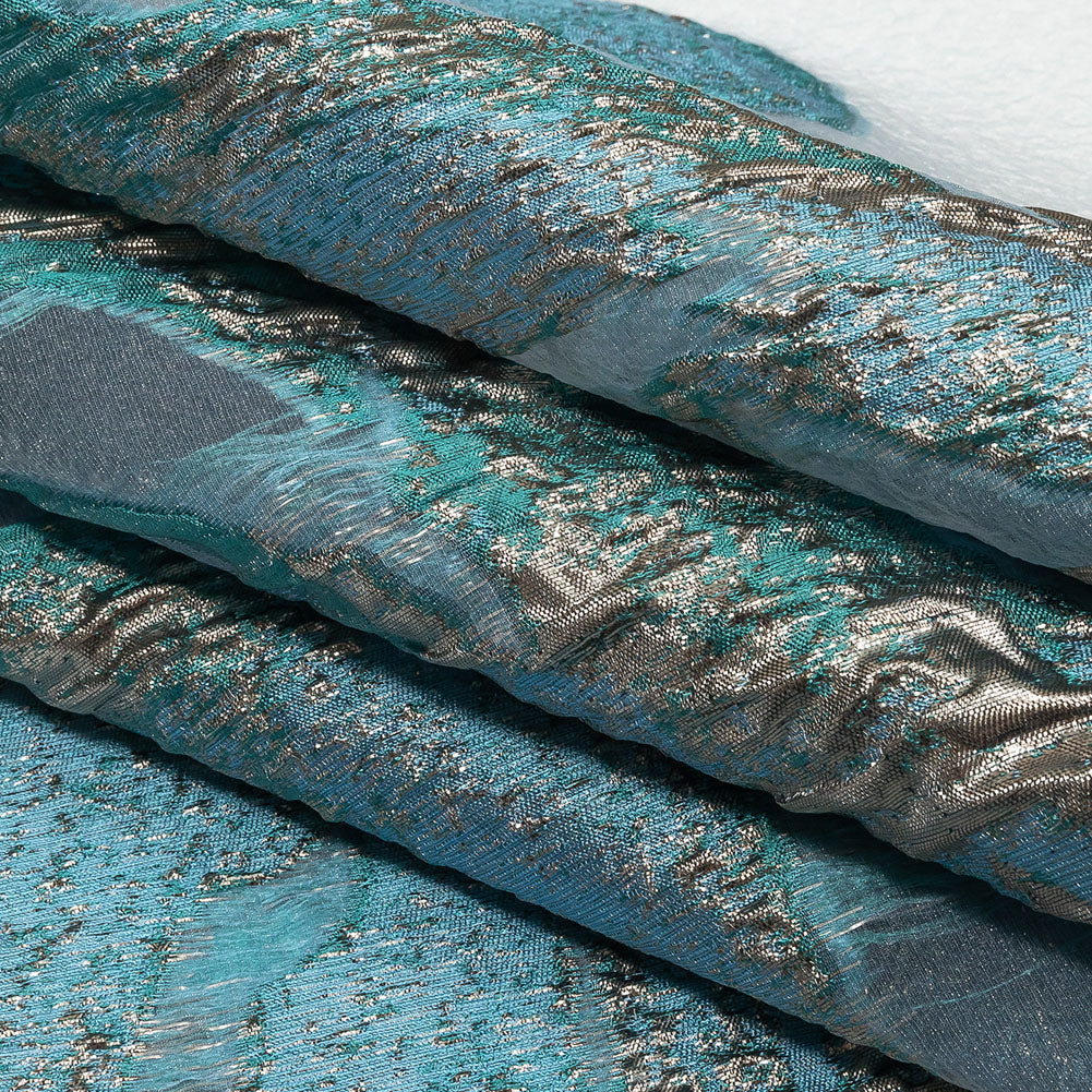 Metallic Blue and Silver Marbled Veins Luxury Burnout Brocade Folded