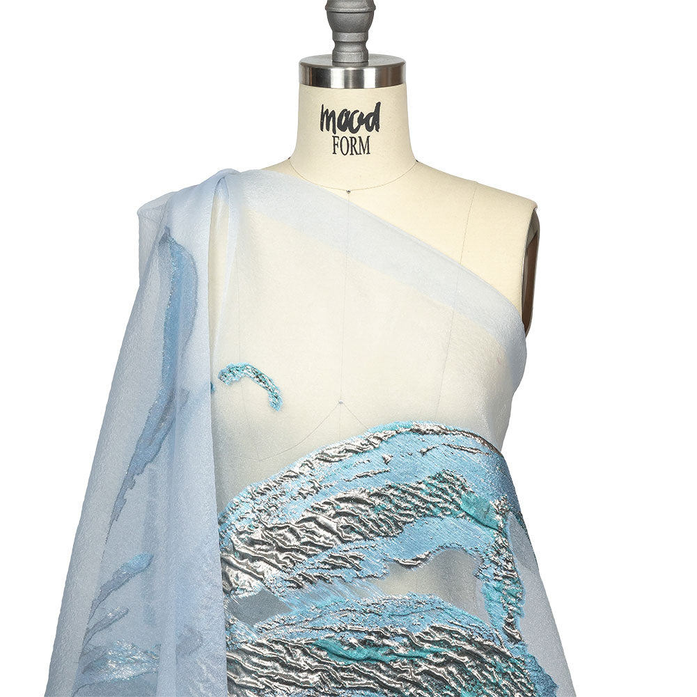 Metallic Blue and Silver Marbled Veins Luxury Burnout Brocade Drape