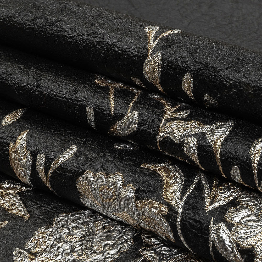 Metallic Silver, Gold and Black Floral Luxury Burnout Brocade Folded