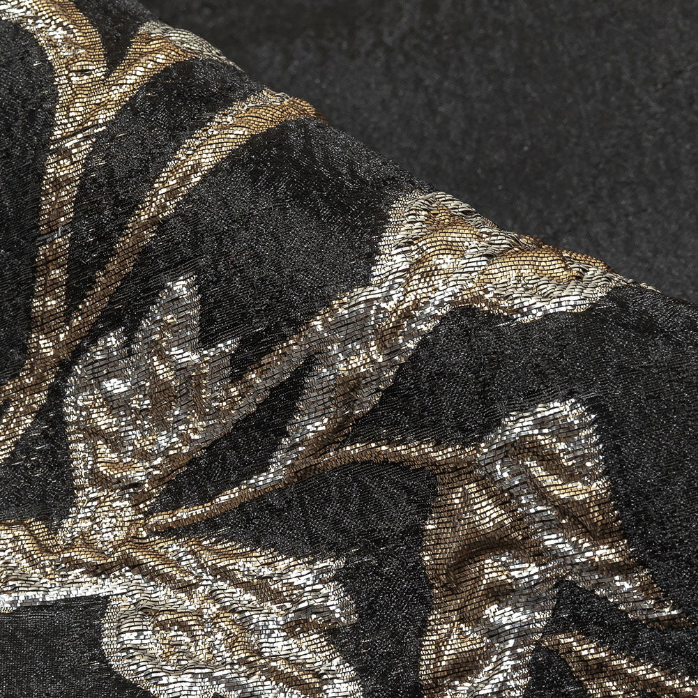 Metallic Silver, Gold and Black Floral Luxury Burnout Brocade Detail