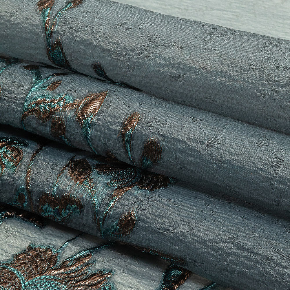 Metallic Copper and Blue Floral Luxury Burnout Brocade Folded