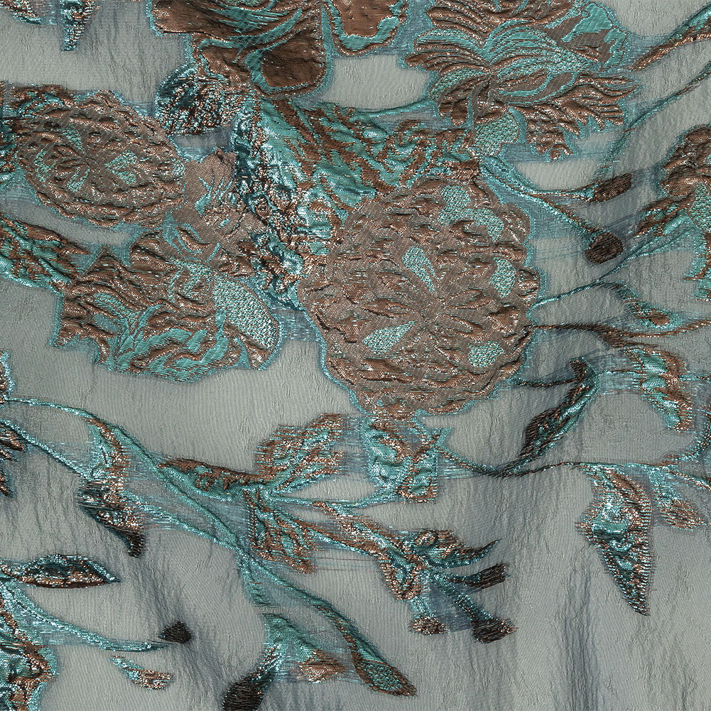Metallic Copper and Blue Floral Luxury Burnout Brocade