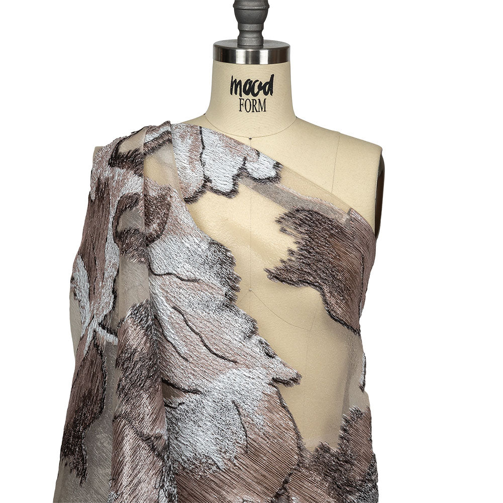 Metallic Black, White and Beige Oversized Flowers Luxury Burnout Brocade Drape