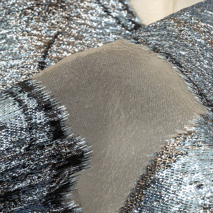 Metallic Silver, Black and Sky Blue Oversized Flowers Luxury Burnout Brocade Detail