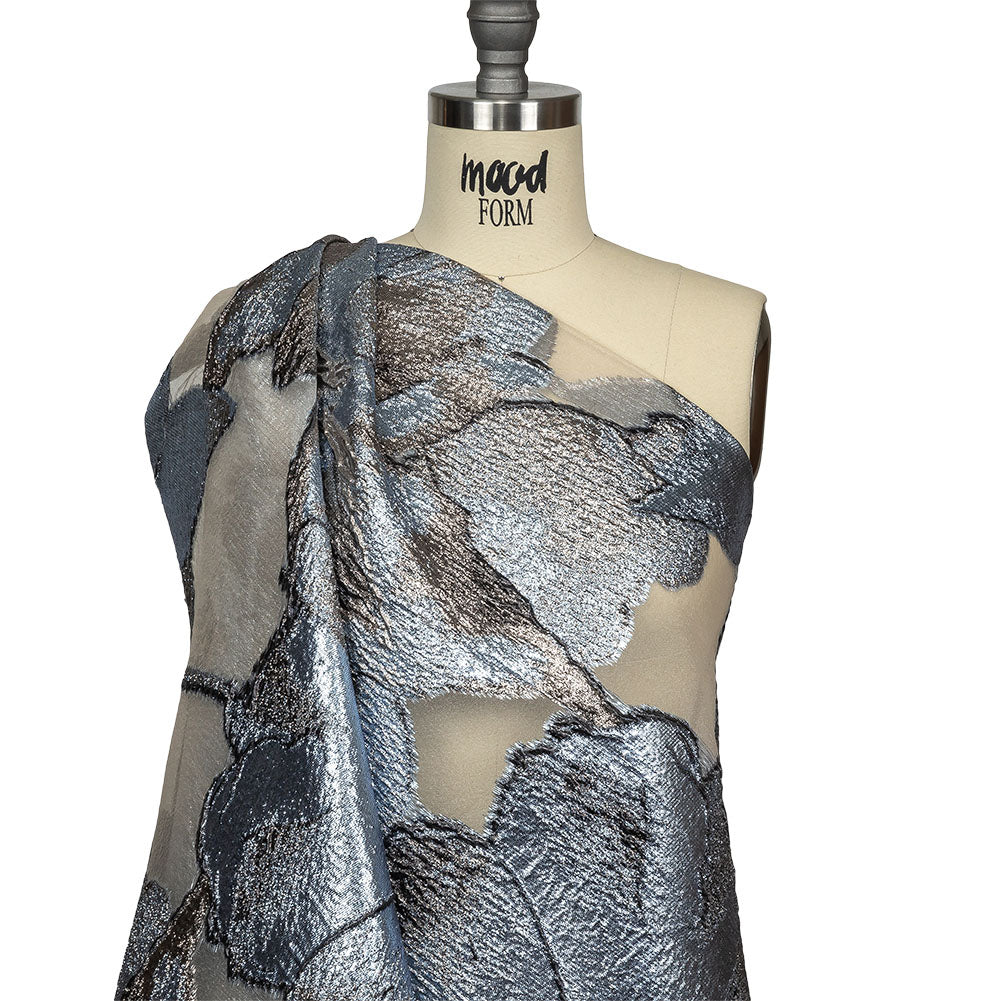 Metallic Silver, Black and Sky Blue Oversized Flowers Luxury Burnout Brocade Drape
