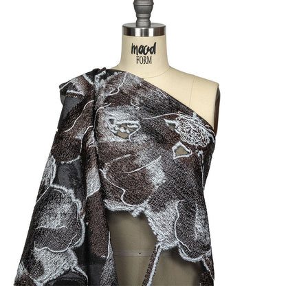 Metallic Black, White and Brown Oversized Flowers Luxury Burnout Brocade Drape