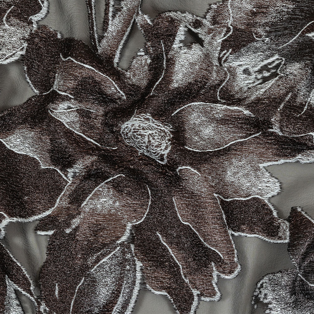 Metallic Black, White and Brown Oversized Flowers Luxury Burnout Brocade