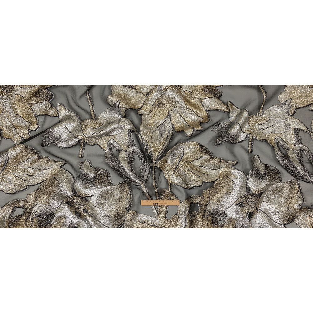 Metallic Silver, Gold and Black Oversized Flowers Luxury Burnout Brocade Full