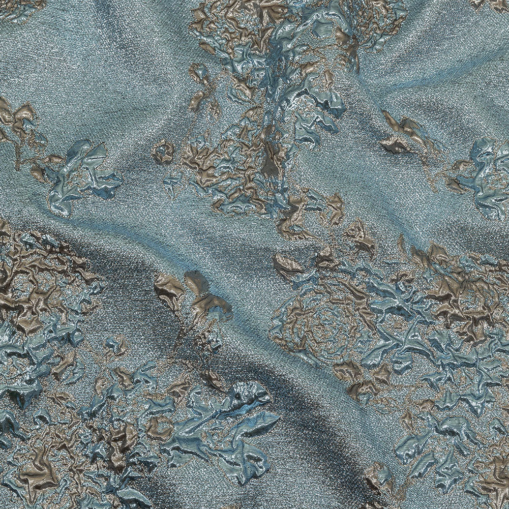 Metallic Sky Blue and Bronze Floral Luxury Brocade