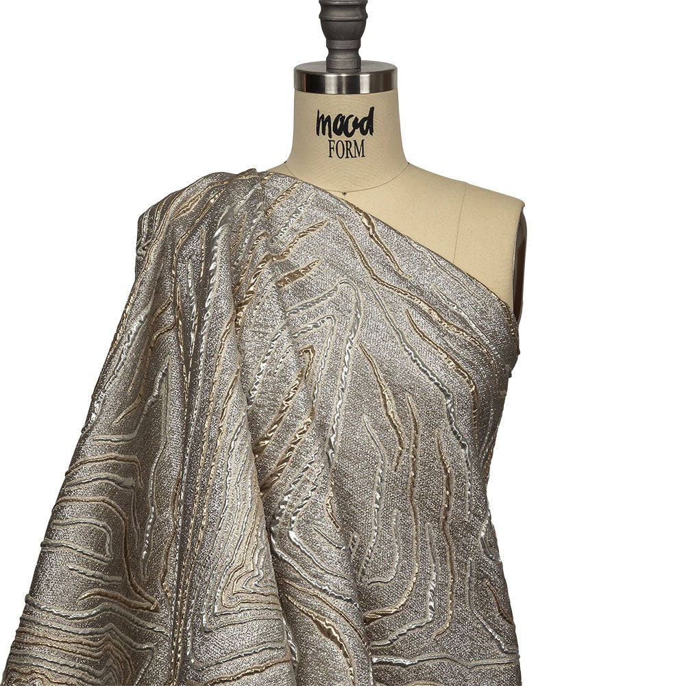 Metallic Silver, Gold and Beige Contour Lines Luxury Brocade Drape