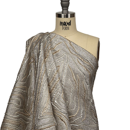 Metallic Silver, Gold and Beige Contour Lines Luxury Brocade Drape