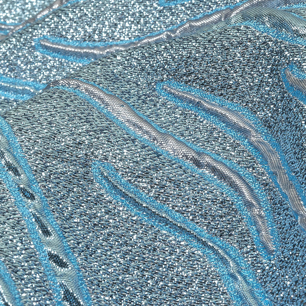 Metallic Silver and Sky Blue Contour Lines Luxury Brocade Detail