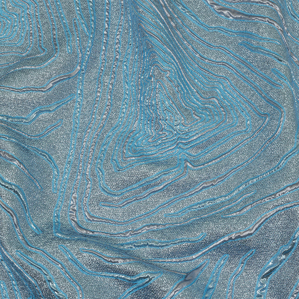 Metallic Silver and Sky Blue Contour Lines Luxury Brocade