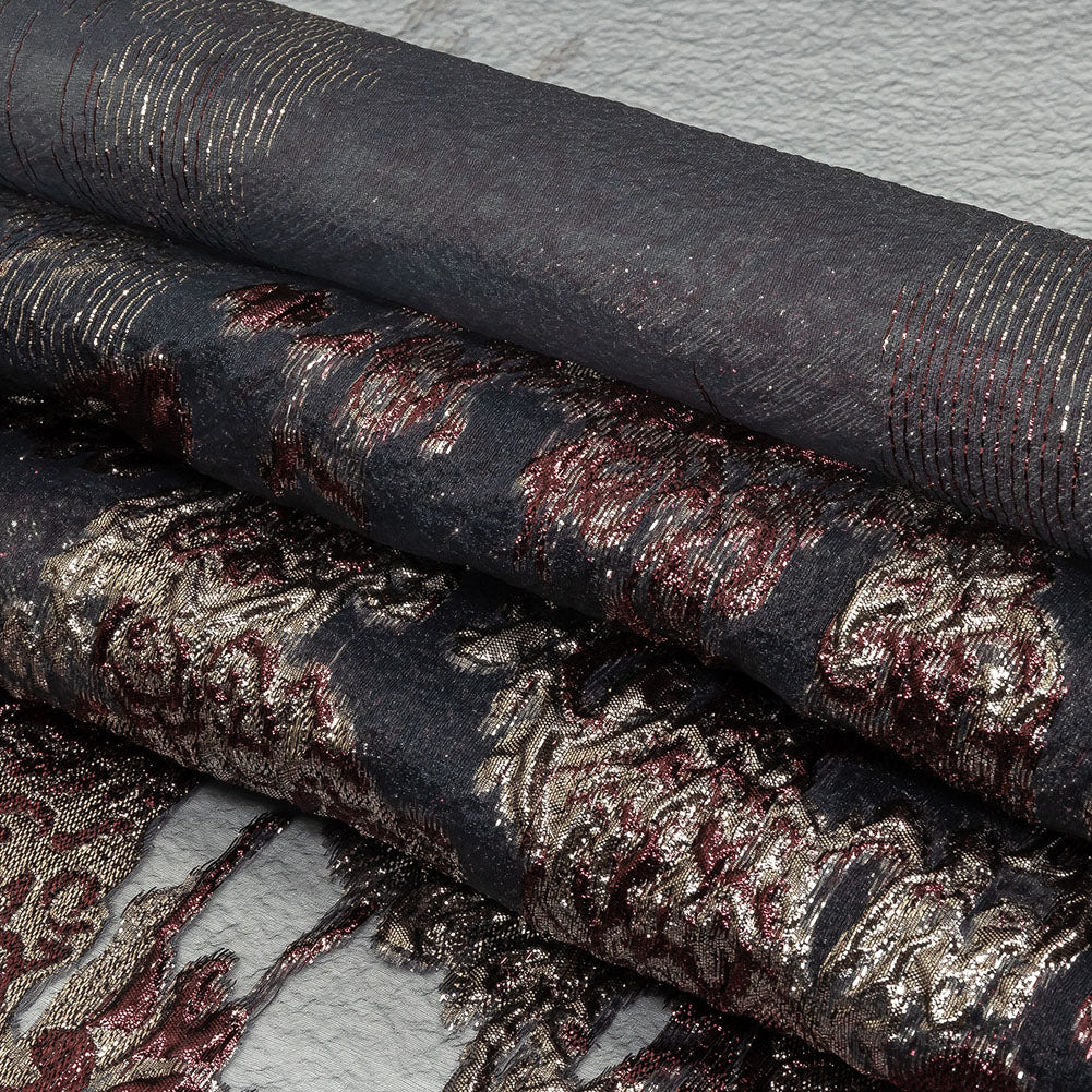 Metallic Silver and Plum Ornate Abstraction Luxury Burnout Organza Brocade Folded