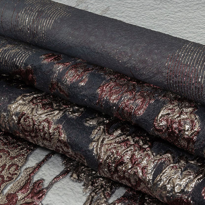 Metallic Silver and Plum Ornate Abstraction Luxury Burnout Organza Brocade Folded